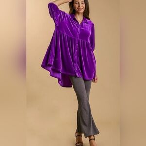 Umgee Purple Velvet Hi-Low Button Down Shirt